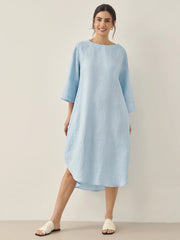 100% Linen Midi Dress with Bateau Neck and A-Line Silhouette – Elegant and Comfortable