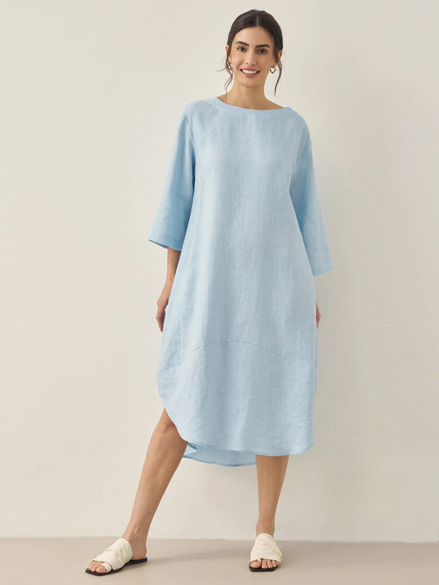 100% Linen Midi Dress with Bateau Neck and A-Line Silhouette – Elegant and Comfortable