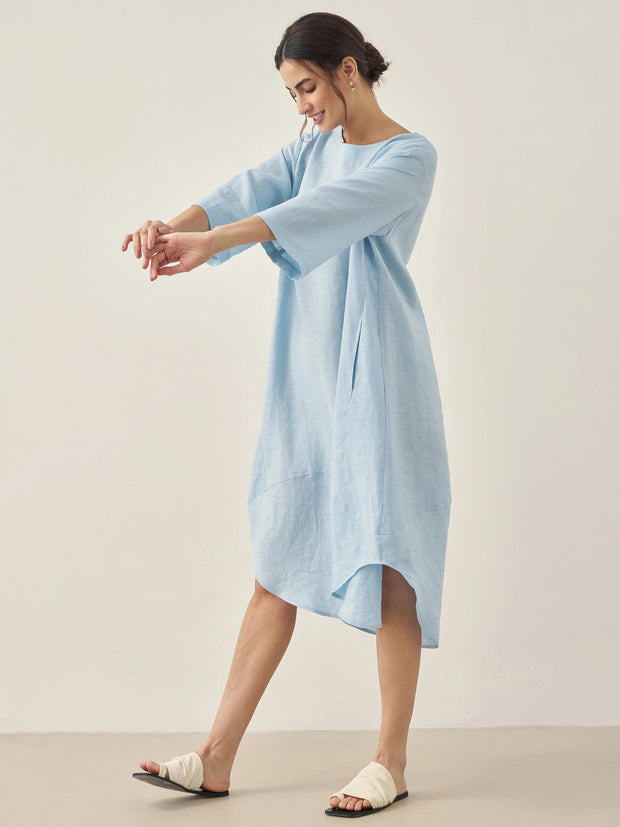 100% Linen Midi Dress with Bateau Neck and A-Line Silhouette – Elegant and Comfortable
