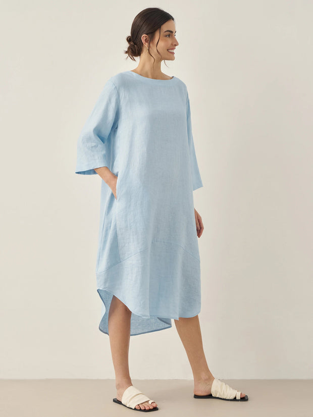 100% Linen Midi Dress with Bateau Neck and A-Line Silhouette – Elegant and Comfortable