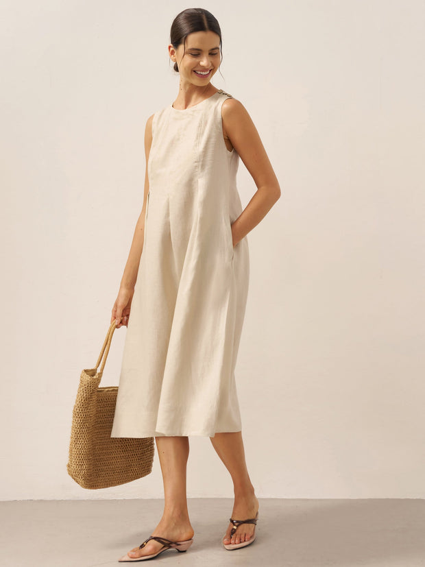 100% Linen Midi Dress with Sleeveless Design and Shoulder Button Detail