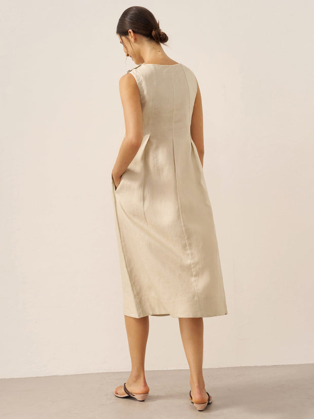 100% Linen Midi Dress with Sleeveless Design and Shoulder Button Detail