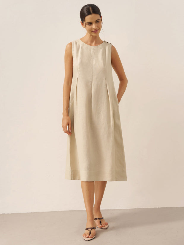 100% Linen Midi Dress with Sleeveless Design and Shoulder Button Detail