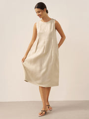 100% Linen Midi Dress with Sleeveless Design and Shoulder Button Detail