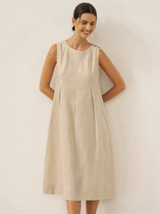 100% Linen Midi Dress with Sleeveless Design and Shoulder Button Detail