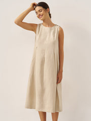 100% Linen Midi Dress with Sleeveless Design and Shoulder Button Detail