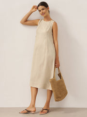100% Linen Midi Dress with Sleeveless Design and Shoulder Button Detail