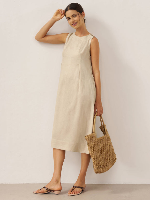100% Linen Midi Dress with Sleeveless Design and Shoulder Button Detail