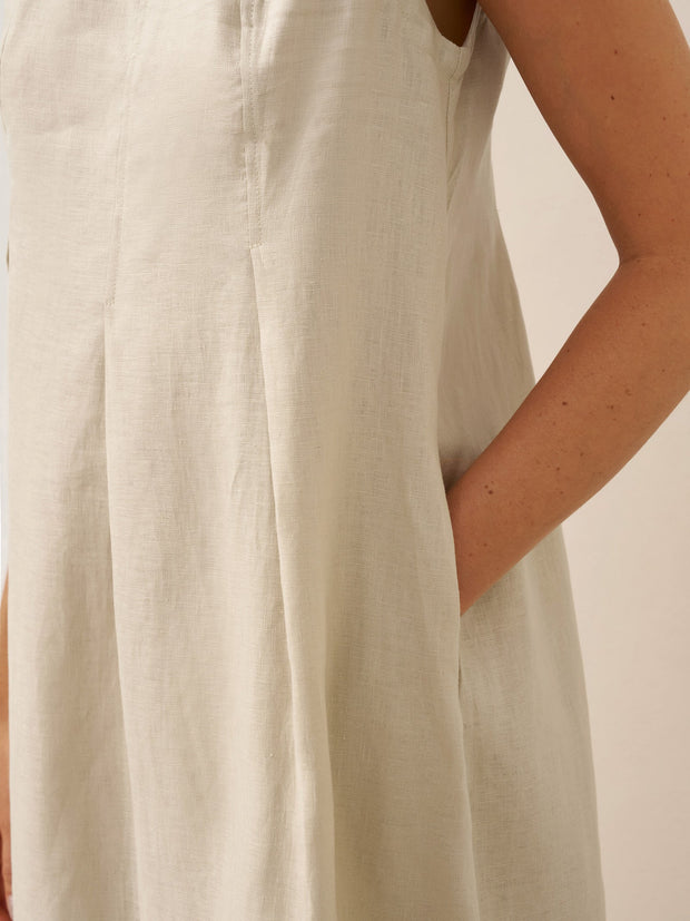 100% Linen Midi Dress with Sleeveless Design and Shoulder Button Detail