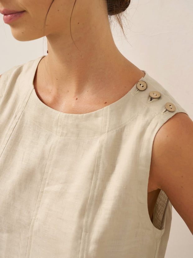 100% Linen Midi Dress with Sleeveless Design and Shoulder Button Detail