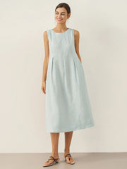 100% Linen Midi Dress with Sleeveless Design and Shoulder Button Detail