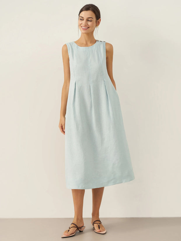 100% Linen Midi Dress with Sleeveless Design and Shoulder Button Detail
