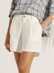 100% Linen Pleated Shorts for Women – Relaxed Fit with Front Button Closure