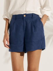 100% Linen Pleated Shorts for Women – Relaxed Fit with Front Button Closure