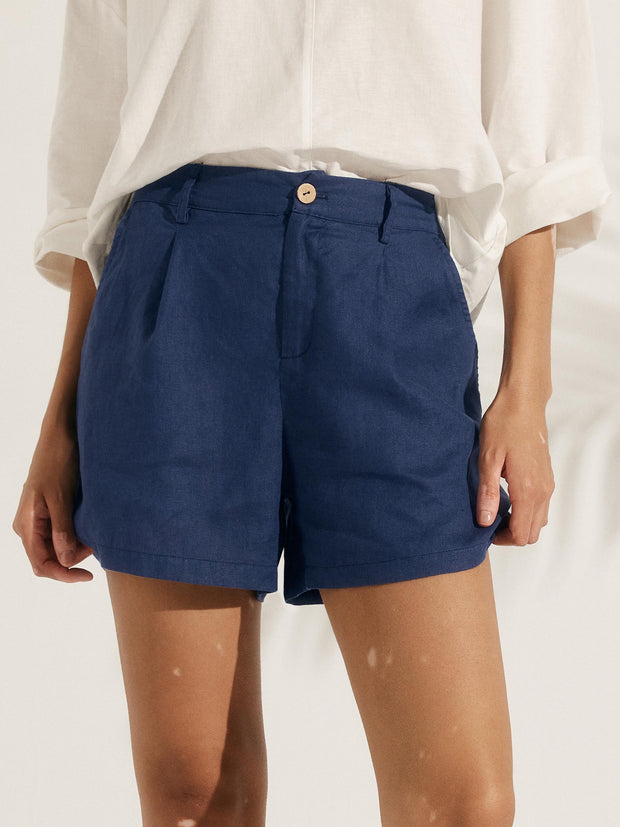 100% Linen Pleated Shorts for Women – Relaxed Fit with Front Button Closure