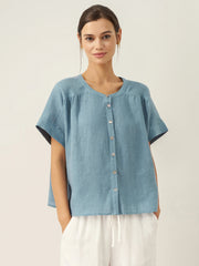 100% Linen Short Sleeve Crew Neck Shirt with Button-Down Placket – Casual Stylish Top