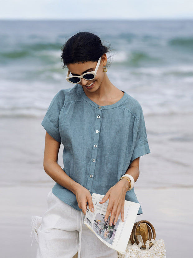 100% Linen Short Sleeve Crew Neck Shirt with Button-Down Placket – Casual Stylish Top