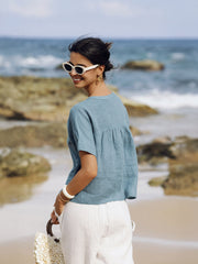 100% Linen Short Sleeve Crew Neck Shirt with Button-Down Placket – Casual Stylish Top