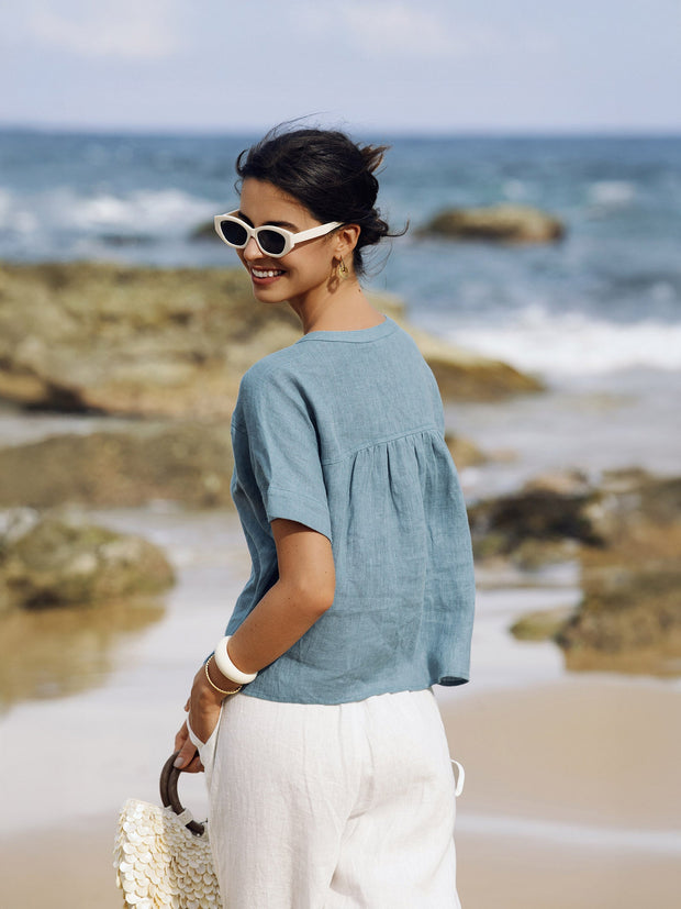100% Linen Short Sleeve Crew Neck Shirt with Button-Down Placket – Casual Stylish Top