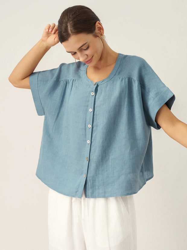 100% Linen Short Sleeve Crew Neck Shirt with Button-Down Placket – Casual Stylish Top