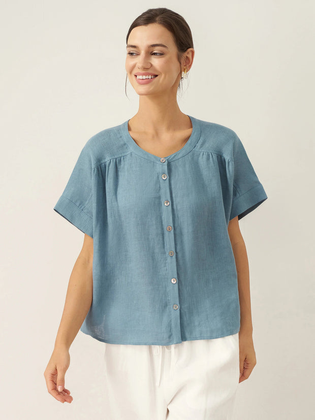100% Linen Short Sleeve Crew Neck Shirt with Button-Down Placket – Casual Stylish Top