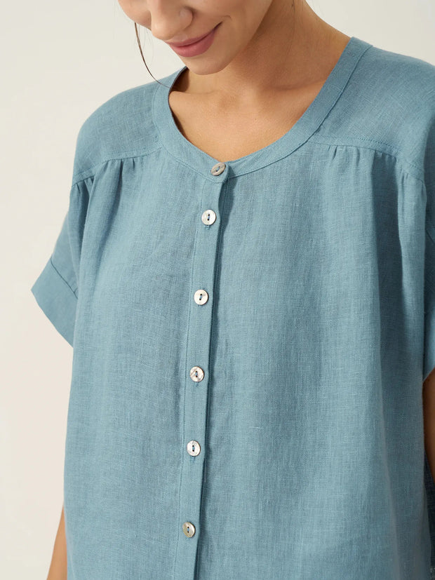 100% Linen Short Sleeve Crew Neck Shirt with Button-Down Placket – Casual Stylish Top
