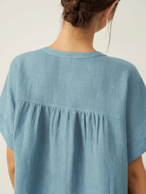 100% Linen Short Sleeve Crew Neck Shirt with Button-Down Placket – Casual Stylish Top