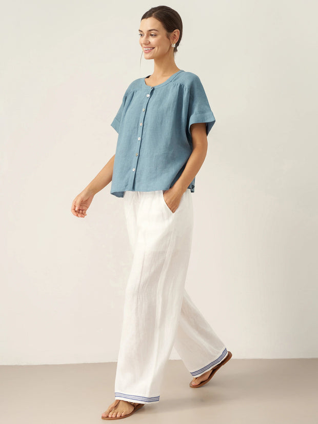 100% Linen Short Sleeve Crew Neck Shirt with Button-Down Placket – Casual Stylish Top