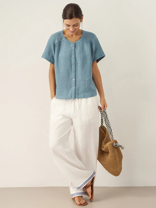 100% Linen Short Sleeve Crew Neck Shirt with Button-Down Placket – Casual Stylish Top