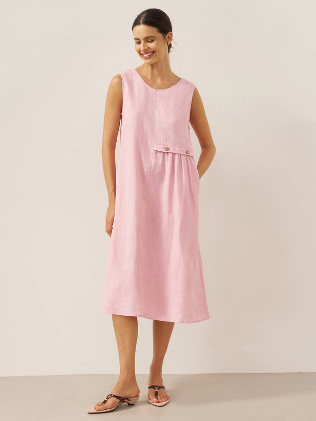 100% Linen Sleeveless Midi Dress with Accordion Pleats and Pockets – Elegant Women's Summer Dress