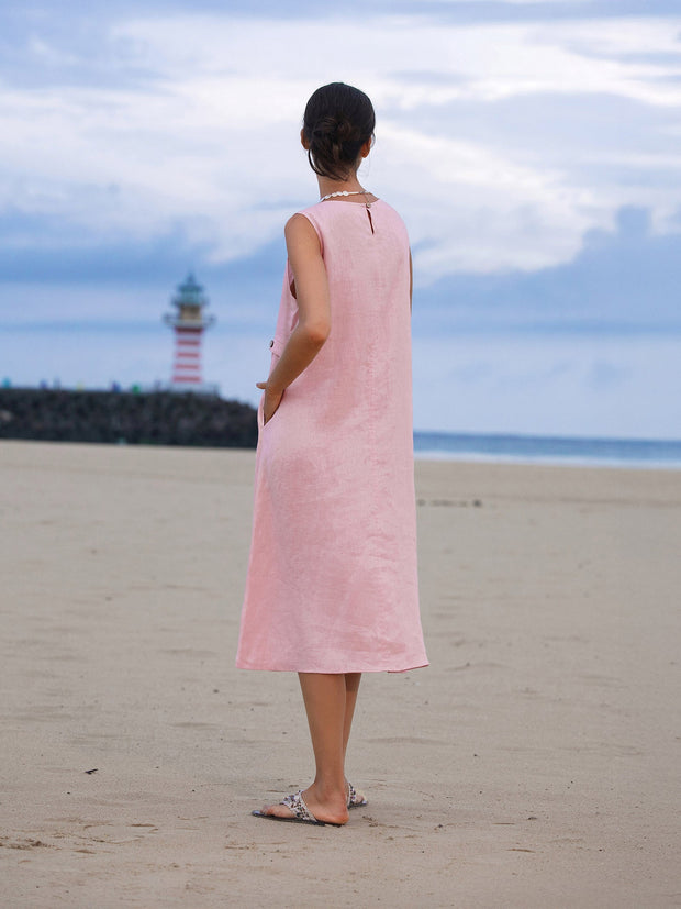 100% Linen Sleeveless Midi Dress with Accordion Pleats and Pockets – Elegant Women's Summer Dress