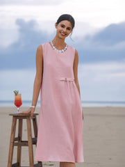 100% Linen Sleeveless Midi Dress with Accordion Pleats and Pockets – Elegant Women's Summer Dress