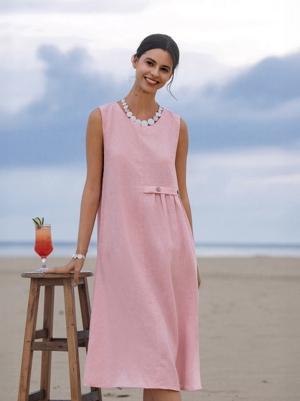 100% Linen Sleeveless Midi Dress with Accordion Pleats and Pockets – Elegant Women's Summer Dress