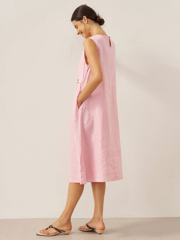 100% Linen Sleeveless Midi Dress with Accordion Pleats and Pockets – Elegant Women's Summer Dress