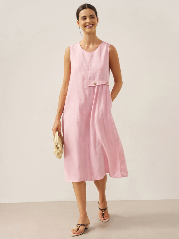 100% Linen Sleeveless Midi Dress with Accordion Pleats and Pockets – Elegant Women's Summer Dress
