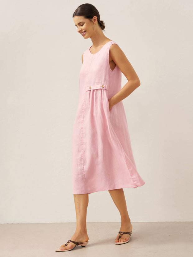 100% Linen Sleeveless Midi Dress with Accordion Pleats and Pockets – Elegant Women's Summer Dress