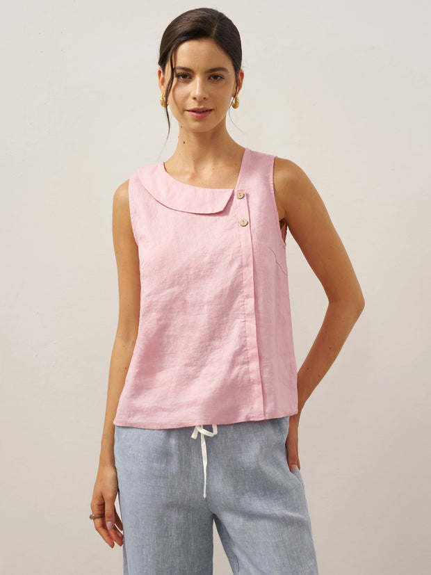 100% Linen Sleeveless Women's Top with Crescent Collar and Asymmetric Placket - Eco-Friendly Blouse for Women