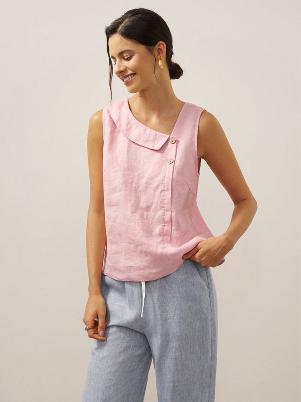 100% Linen Sleeveless Women's Top with Crescent Collar and Asymmetric Placket - Eco-Friendly Blouse for Women