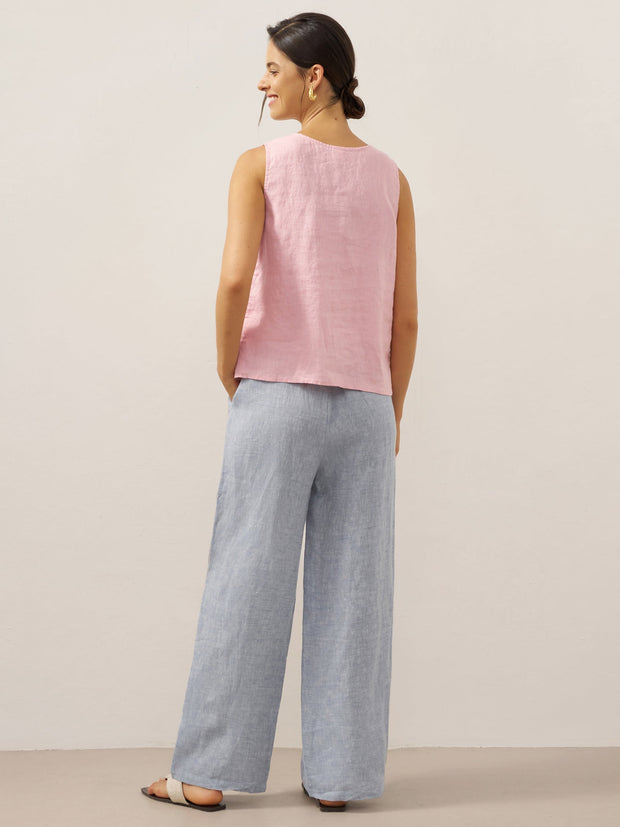 100% Linen Sleeveless Women's Top with Crescent Collar and Asymmetric Placket - Eco-Friendly Blouse for Women