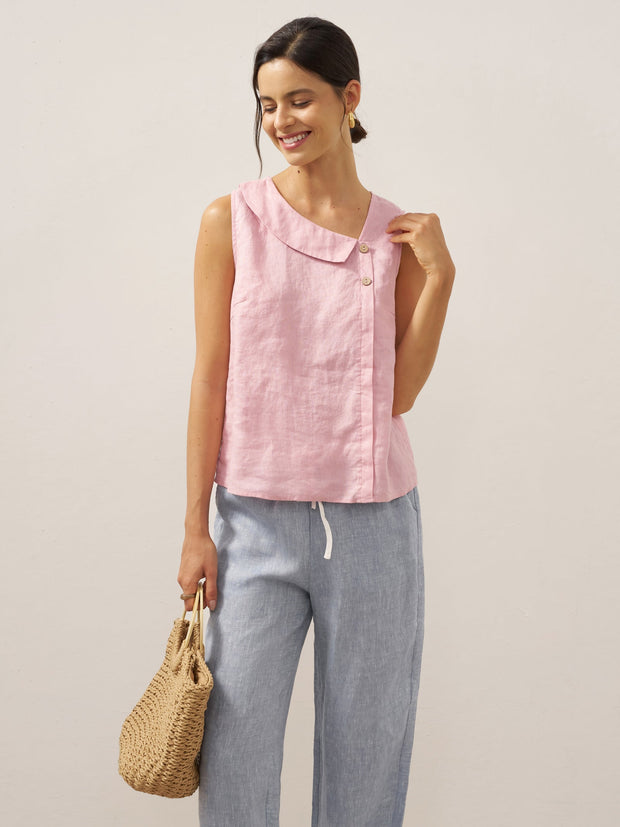 100% Linen Sleeveless Women's Top with Crescent Collar and Asymmetric Placket - Eco-Friendly Blouse for Women