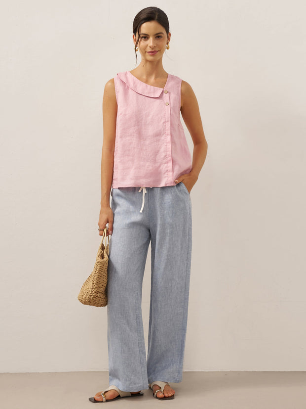 100% Linen Sleeveless Women's Top with Crescent Collar and Asymmetric Placket - Eco-Friendly Blouse for Women