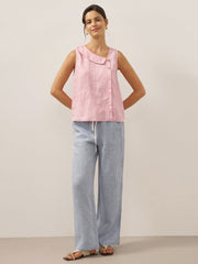 100% Linen Sleeveless Women's Top with Crescent Collar and Asymmetric Placket - Eco-Friendly Blouse for Women