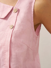 100% Linen Sleeveless Women's Top with Crescent Collar and Asymmetric Placket - Eco-Friendly Blouse for Women