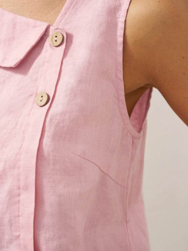 100% Linen Sleeveless Women's Top with Crescent Collar and Asymmetric Placket - Eco-Friendly Blouse for Women