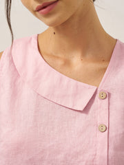 100% Linen Sleeveless Women's Top with Crescent Collar and Asymmetric Placket - Eco-Friendly Blouse for Women