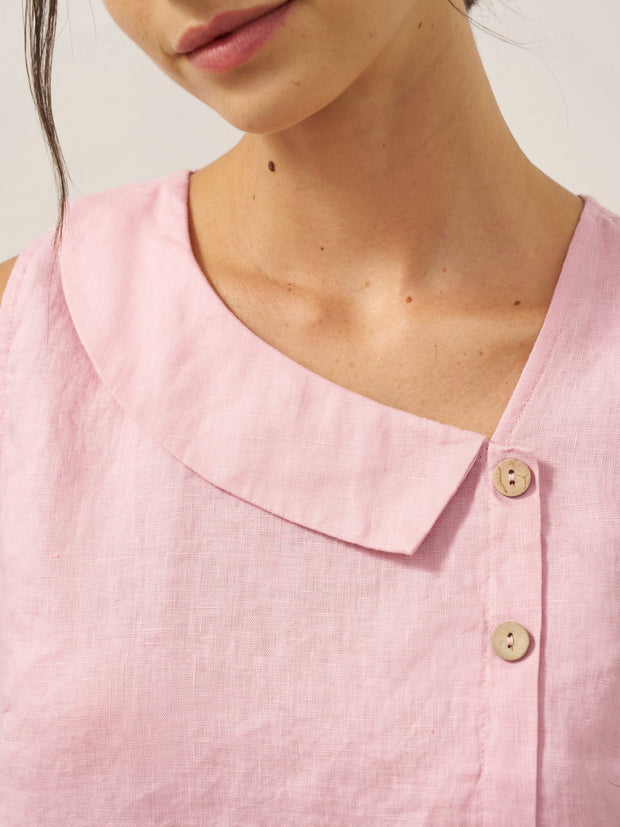 100% Linen Sleeveless Women's Top with Crescent Collar and Asymmetric Placket - Eco-Friendly Blouse for Women