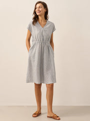 100% Linen Striped Midi Dress with Elastic Waist – Casual A-Line Dress for Women