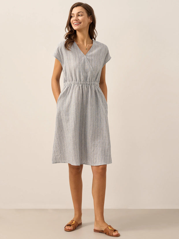 100% Linen Striped Midi Dress with Elastic Waist – Casual A-Line Dress for Women