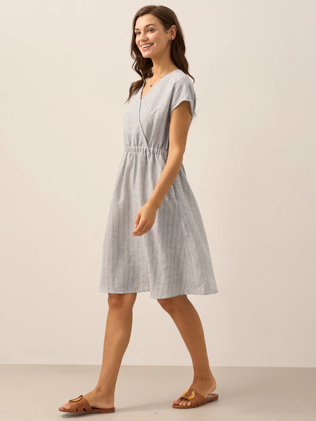 100% Linen Striped Midi Dress with Elastic Waist – Casual A-Line Dress for Women