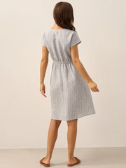 100% Linen Striped Midi Dress with Elastic Waist – Casual A-Line Dress for Women